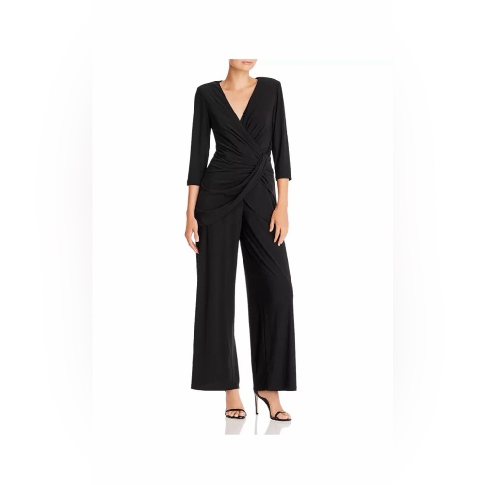 Adrianna Papell Black Wrap-Front Draped Cascade Wide-Leg Jumpsuit Romper Size 14